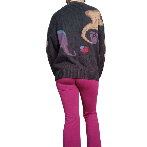 Vintage Hand Knit Cotton Abstract Pattern Crewneck Sweater Black Multi Medium - Picture 4 of 4